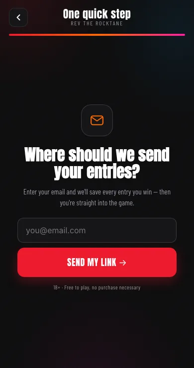 The email step, asking where should we send your entries, with a single email field and a Send my link button.