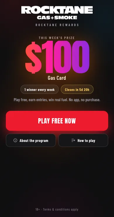 The Rocktane Rewards start screen showing this week's prize, a $100 gas card, with a countdown and a Play free now button.